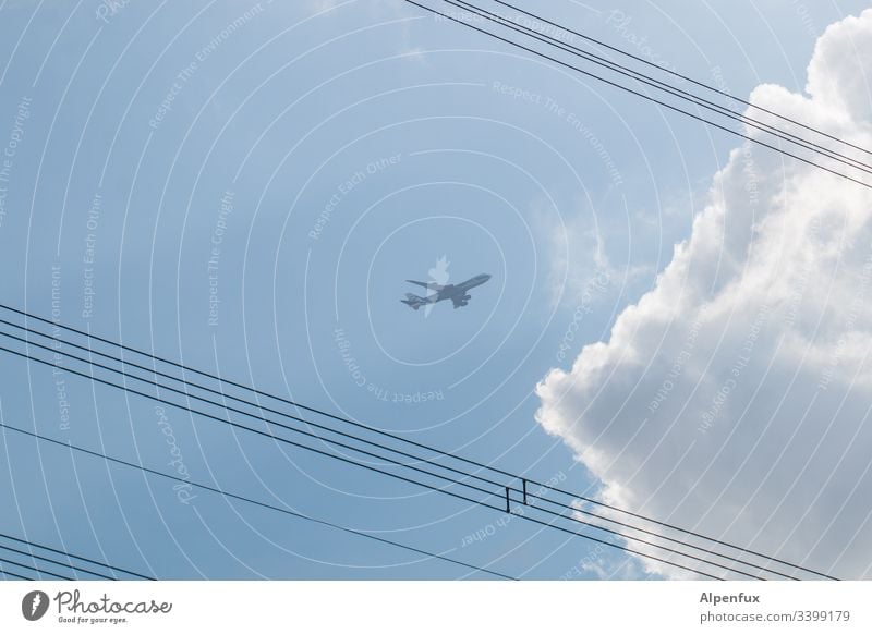 Rope shaft | high voltage Sky Airplane Blue Aviation Flying Exterior shot Clouds Vacation & Travel Passenger plane Deserted Day Beautiful weather Tourism