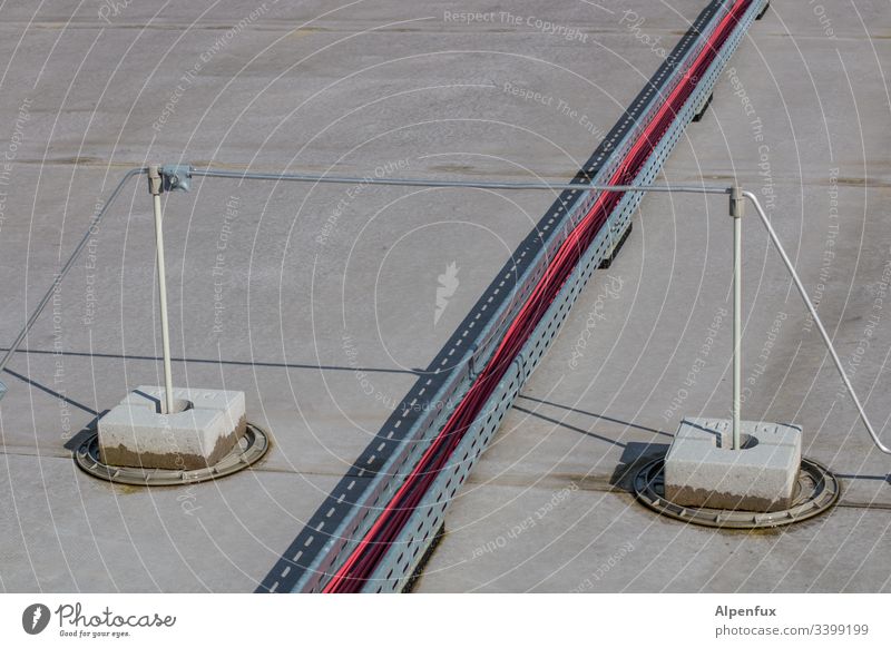 Power Bridge bridging Exterior shot power line Deserted Colour photo Day Cable Lightning rod Electricity Deep depth of field Energy industry Technology