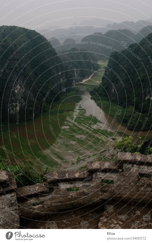 View of a valley with green landscape and rice fields from Hang Mua Viewpoint in Ninh Binh, Vietnam Vantage point mountain Valley Green Landscape wide Tourism