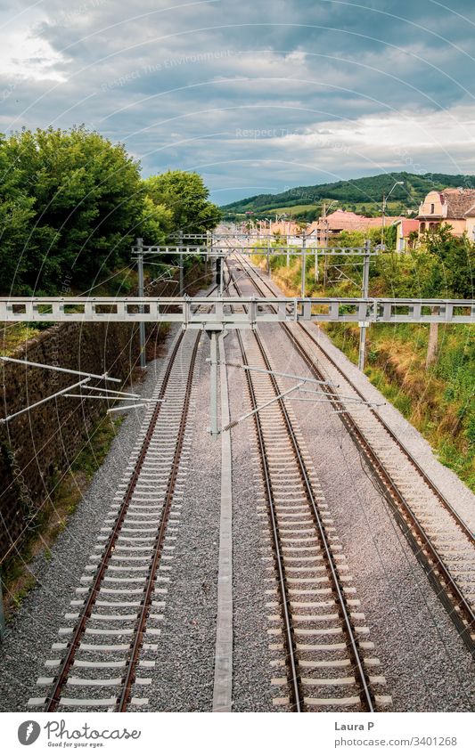 View from above of train rails view Train station Railroad Railroad tracks Transport Rail transport Train travel Exterior shot Railroad system tourism