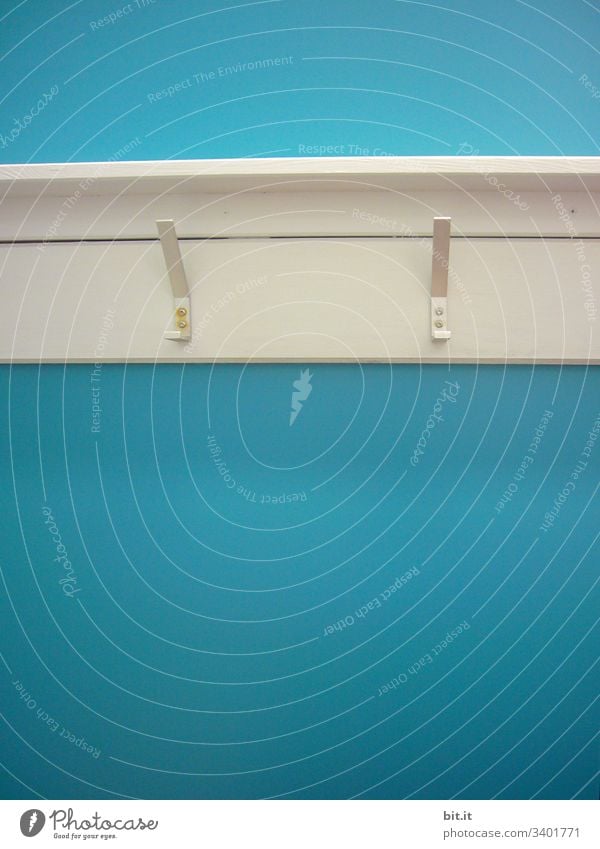 Two empty hooks, on white, old wardrobe, in front of a blue wall, in the nostalgic swimming pool. Checkmark Wall (building) Deserted Blue Hang Metal Detail