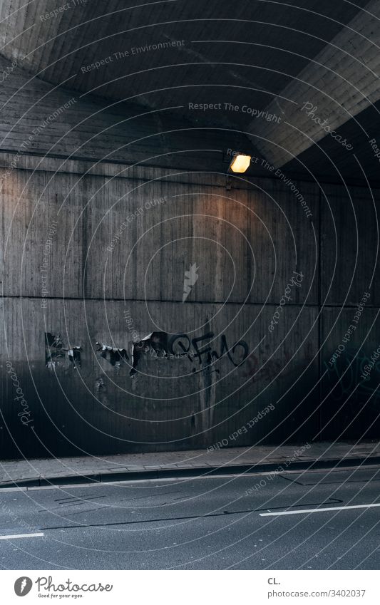 road and wall under a bridge Wall (building) Gloomy Hideous Gray Decline Lamp Street Lanes & trails Wall (barrier) Lighting Architecture Dirty