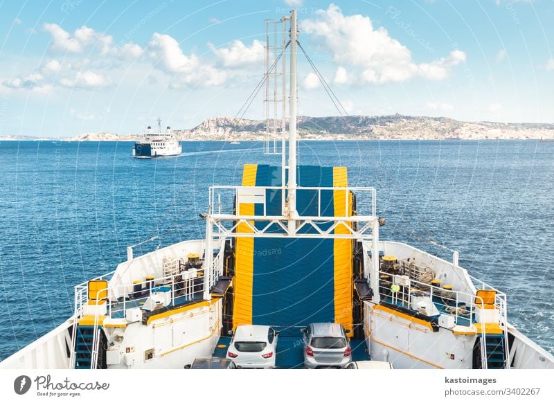 Ferry boat ship sailing between Palau and La Maddalena town, Sardinia, Italy. ferry sea vessel sky summer transportation travel vacation water cruise passenger