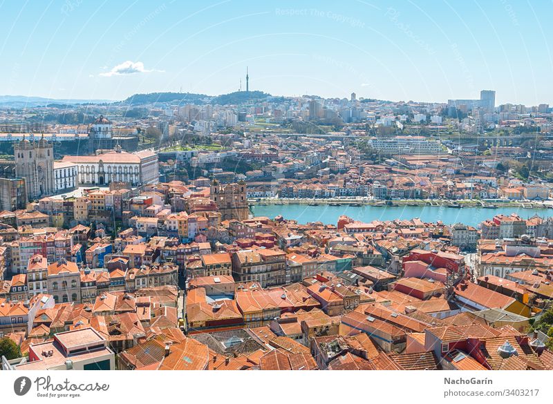 Aerial view of old city of Porto, Portugal porto portugal town douro aerial europe river cityscape historic portuguese oporto travel tourism colorful