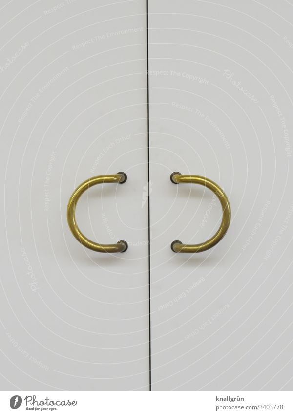 White double door with two semicircular golden door handles Door Front door Entrance Line Closed Deserted Colour photo Door handle Wood Metal