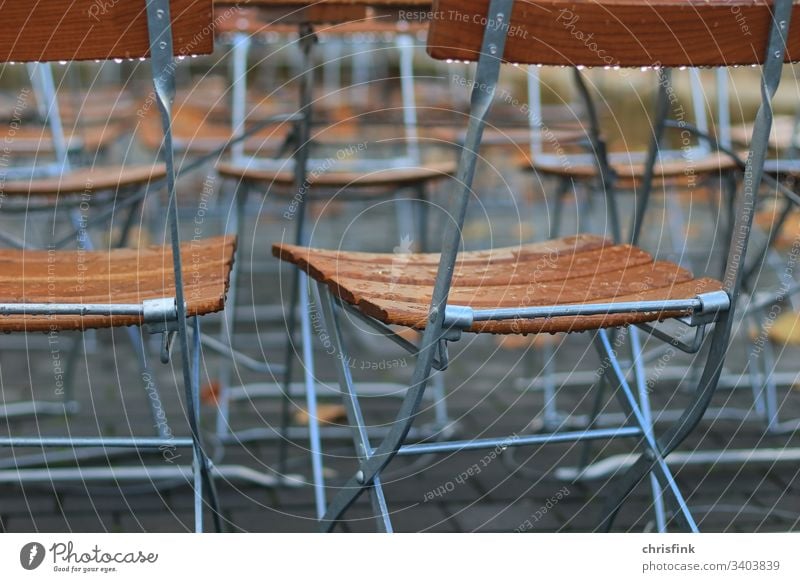 Folding chairs in the restaurant in the rain Chair Restaurant Rain Roadhouse Sit Seat Eating Drinking Break raindrops Drop Wet Damp Spring Autumn Water Close-up