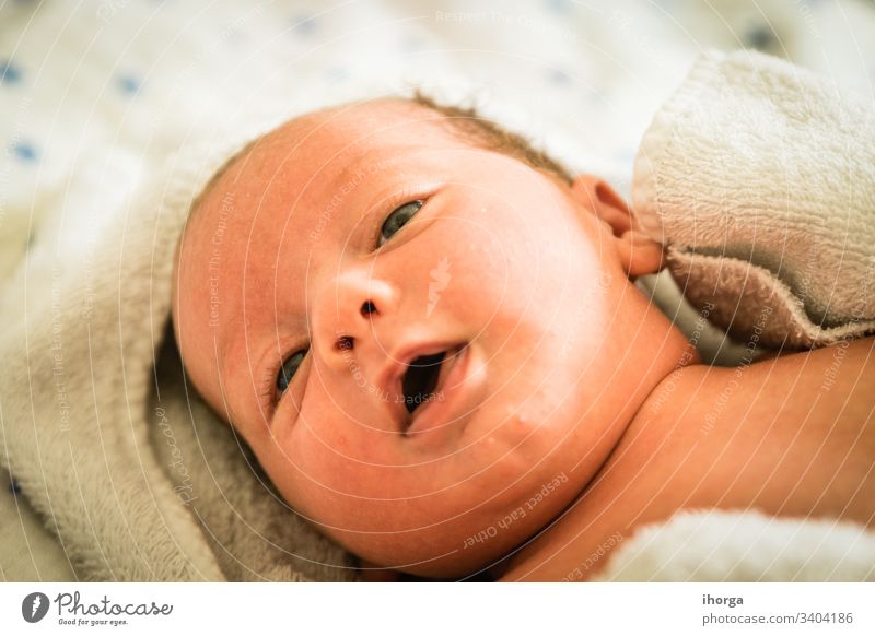 newborn baby at the time of his bath adorable beautiful blanket blue boy care caucasian cheerful child childhood clean closeup comfortable cute emotion