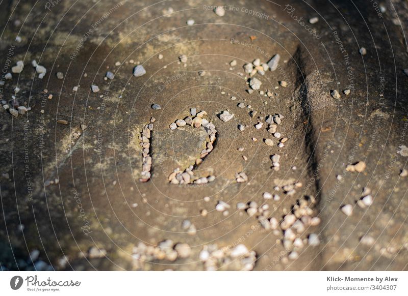 Number carved in stone and filled with pebble Digits and numbers 12 Pebble Structures and shapes Close-up Exterior shot Colour photo Stone Nature