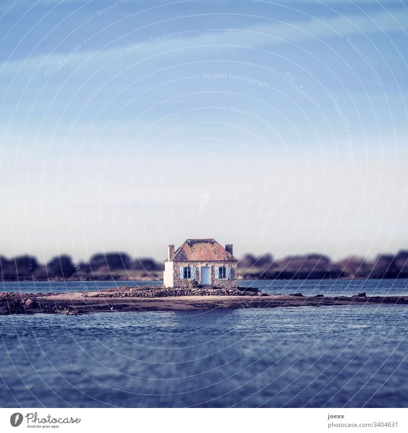 Small, old, lonely house on small island House (Residential Structure) Water Toys Miniature Tilt-Shift Lonely Brittany stone house Wide angle Day Exterior shot