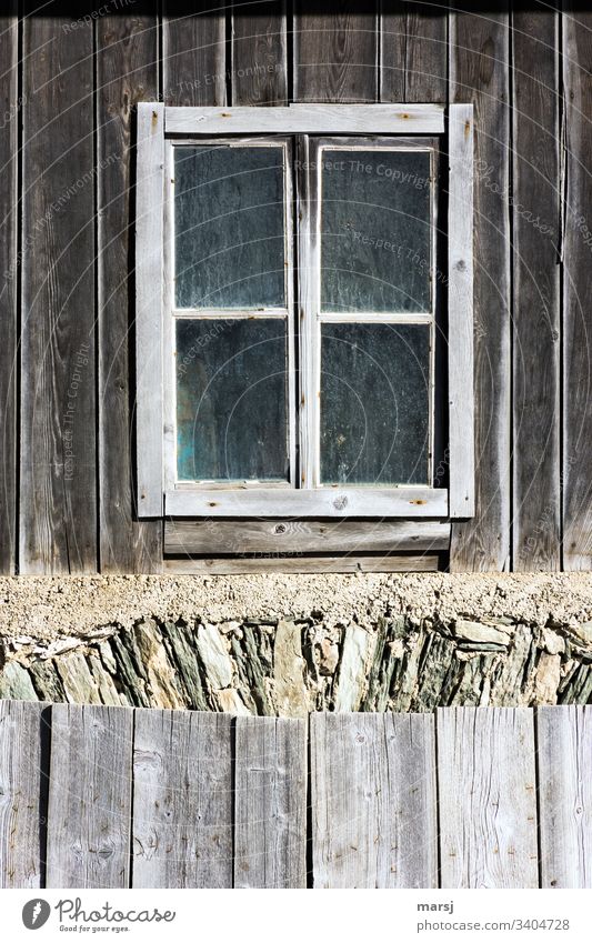 Old, dirty window in wooden facade Window Wood Lattice window house facade Building Wall (building) Brown Subdued colour Weathered frowzy Patina Stone wall