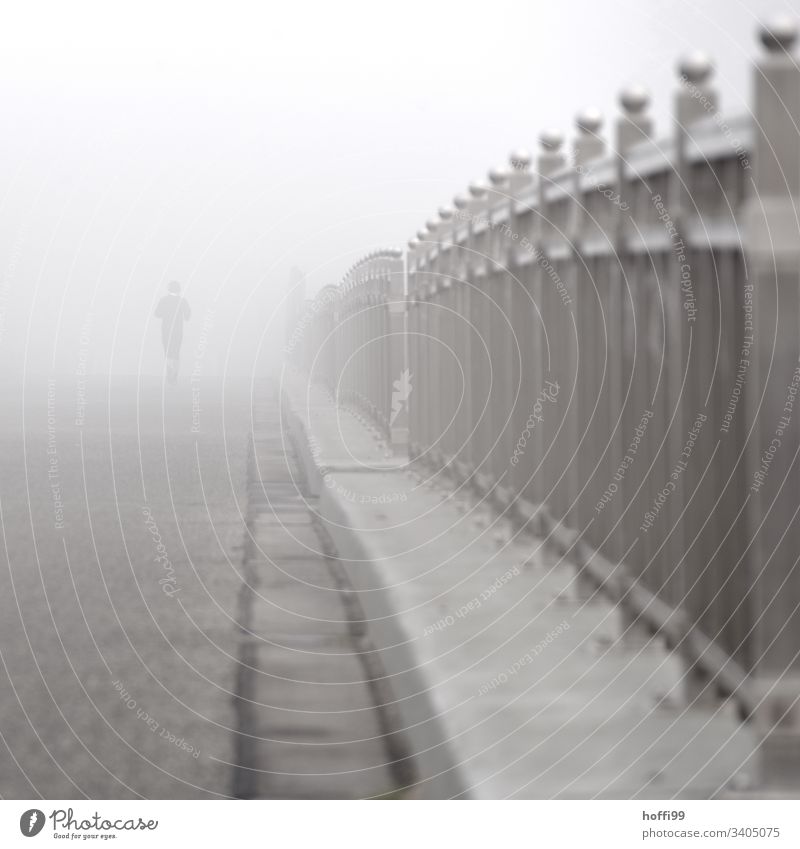 bridge fog and jogger Sportsperson Jogging Youth (Young adults) Handrail Bridge Walking Fitness Silhouette Shadow Light Dawn Exterior shot Healthy Freedom