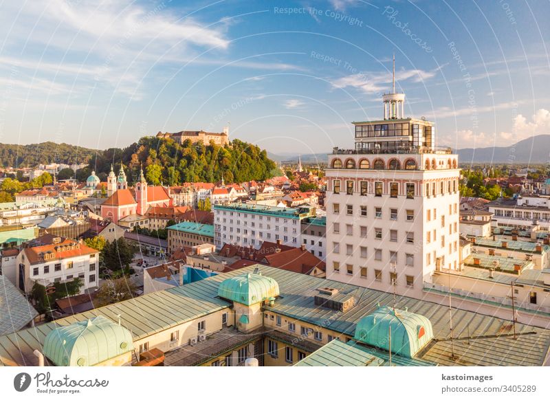 Cityscape of Ljubljana, capital of Slovenia at sunset. ljubljana slovenia skyscraper castle city landmark architecture building church medieval cityscape