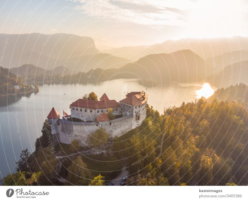 Medieval castle on Bled lake in Slovenia in autumn. bled slovenia landmark landscape europe travel alps nature slovenian hill mountain fortress island church