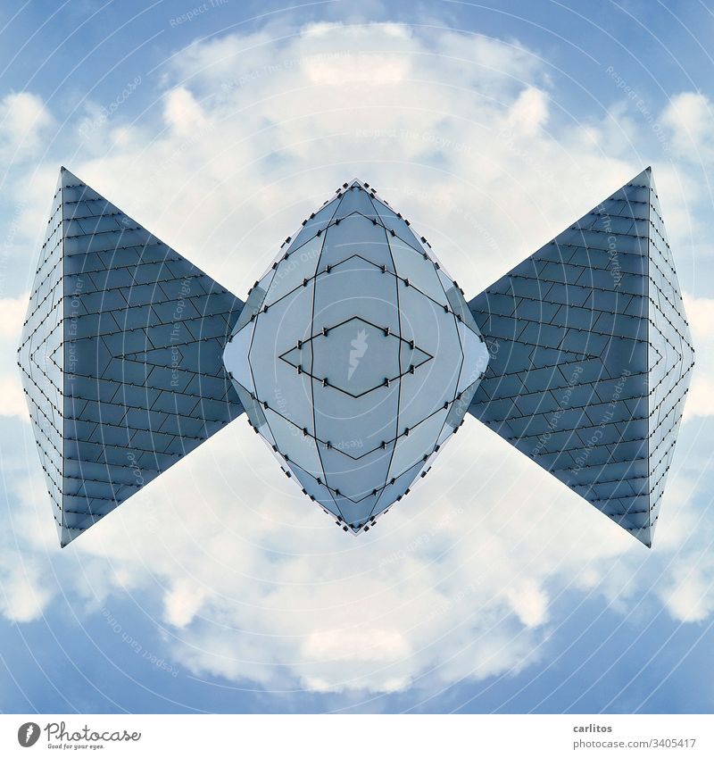 Bat made of glass Glass Sphere Pyramid Composing Glass plates Blue Gray Sky Clouds Image editing Architecture Building Mirror House (Residential Structure)