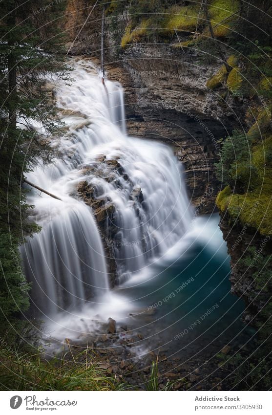 Beautiful waterfall in rocky ravine stone nature stream wild scenic mountain landscape picturesque travel splash forest scenery green environment flow tourism