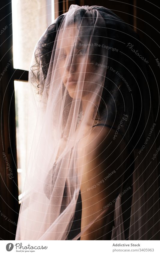 Sensual bride standing near window woman veil underwear sensual slim home dark vintage female tranquil serene calm peaceful romantic tender fashion feminine