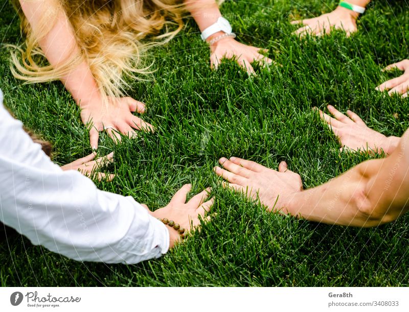 hands of people next to each other on green grass bright close day field fingers group of people hair lawn limb meadow natural nature part of the body person