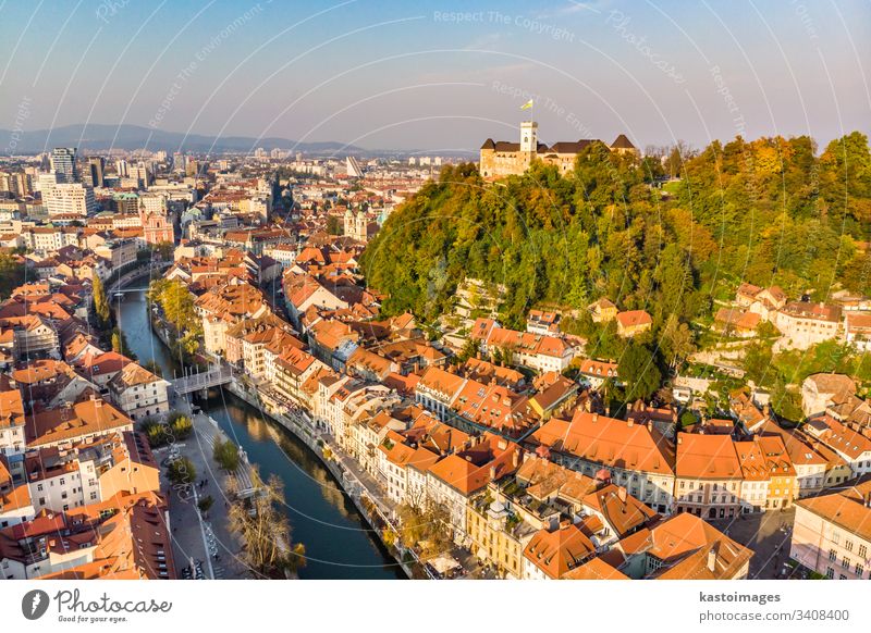 Cityscape of Ljubljana, capital of Slovenia in warm afternoon sun. ljubljana slovenia castle city landmark architecture building ljubljana castle church