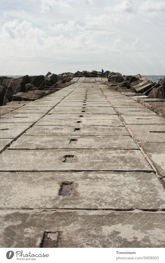 And once again on the pier! Mole Concrete stones groove Perspective Human being Sky Clouds Water North Sea Ocean Horizon Vacation & Travel Denmark