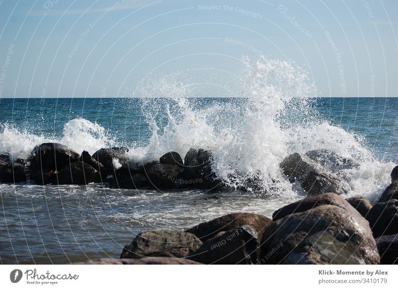 Breakwater with spray on the beach Ocean White crest Water ocean Waves Beach Inject Rock stones Blue Drops of water Nature natural spectacle Coast Surf Wind