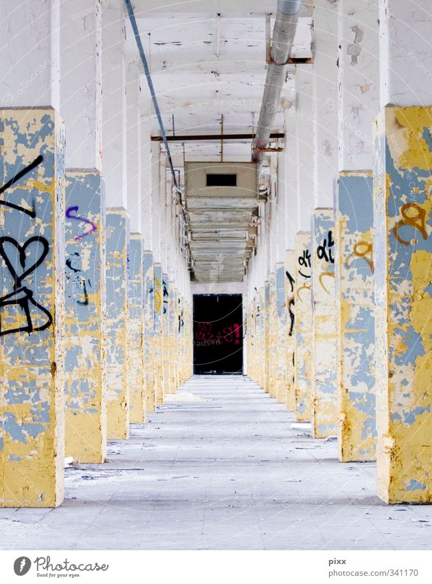 avenue Workplace Industry Closing time Architecture Wall (barrier) Wall (building) Lanes & trails Concrete Characters Old Work and employment Town Blue Yellow