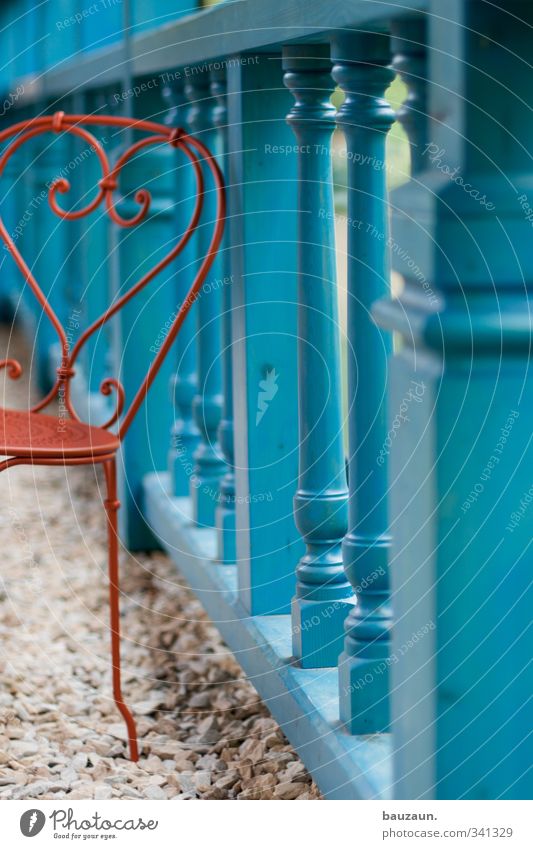 red blue. Garden Chair Bar Cocktail bar Beer garden Terrace Fence Stone Wood Metal Sit Living or residing Happiness Blue Red steel chair outside gastronomy