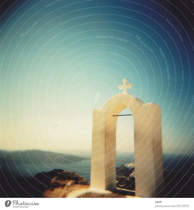 Part of an orthodox chapel on Santorini, Greece with view over the sea, analog Analog Island Cyclades Ocean Mediterranean sea the Aegean Exterior shot