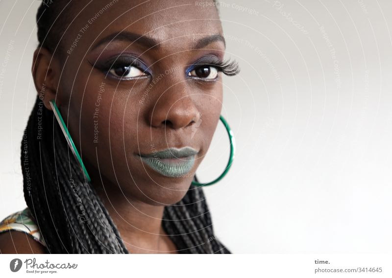 Tash portrait feminine earring Long-haired Lipstick Looking into the camera melanin actress straight Feminine Cool Skeptical Intensive Plaited Dark-haired Woman