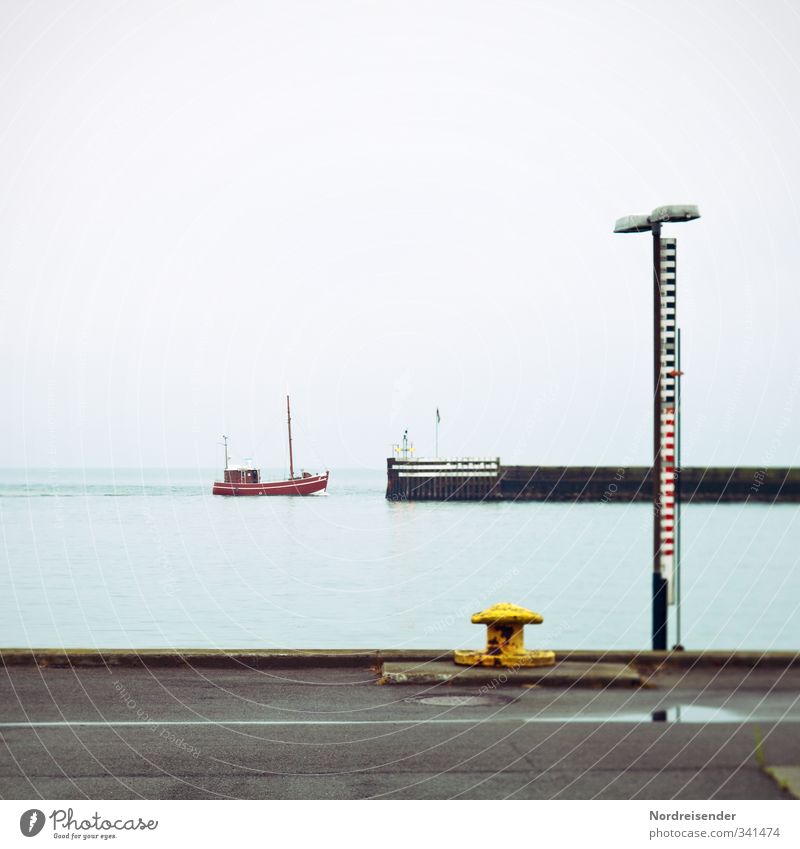 cutter, bollard, gauge Harmonious Calm Vacation & Travel Far-off places Logistics Rain Coast Baltic Sea Ocean Manmade structures Architecture Street Navigation