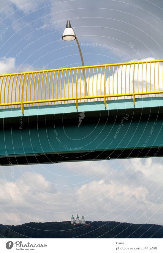 Tradition & Modernity Bridge Lamp streetlamp mountain Building Sky Clouds Metal Steel perspective Whimsical Architecture Steel carrier Bridge railing Nostalgia