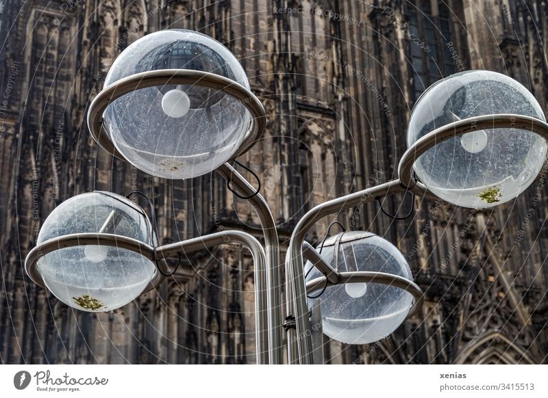 four round lamps with a blurred section of the Cologne Cathedral in the background Lamp Round from Public Electrical equipment Street lighting Bracket