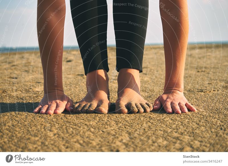 Woman practicing yoga in various poses (asana) sea beach woman meditation healthy lifestyle young nature body fitness exercise girl sunset ocean female sky