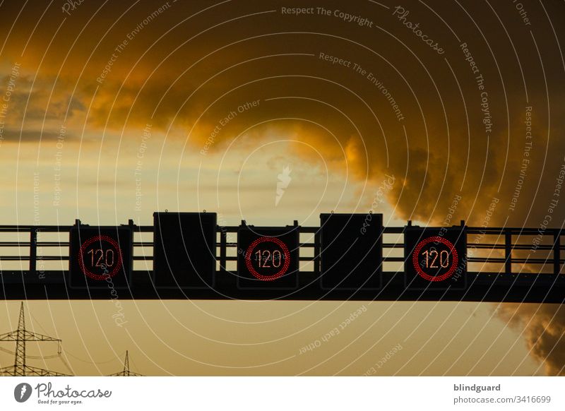 120 ... 240 ... 360 on German motorways traffic guidance system light sign system Speed limit traffic control Congestion avoidance Sky Clouds Sunset