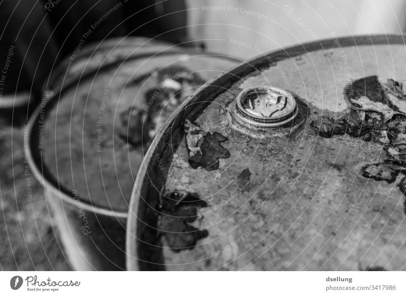 rusty barrels with old leaves on them Rust Old Rustic Keg Metal Steel Detail Structures and shapes Exterior shot Brown Pattern Decline Day Transience