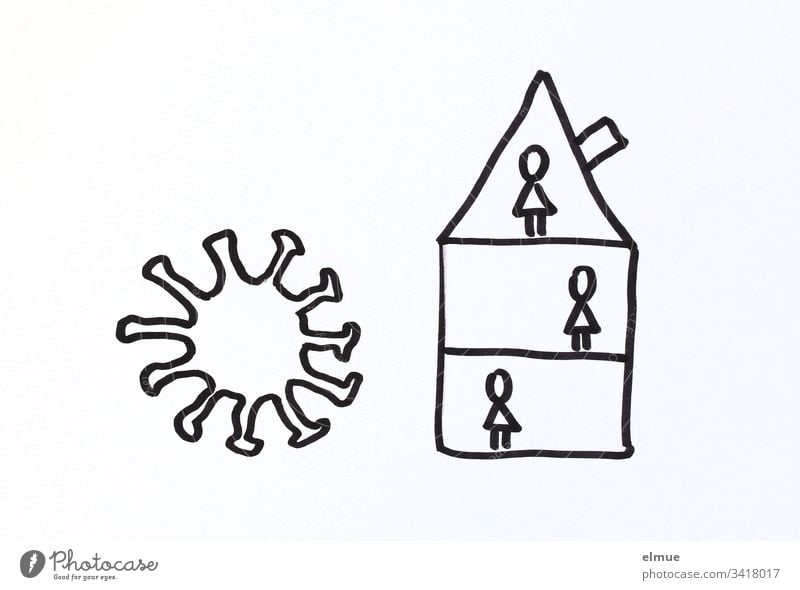 Drawing Coronavirus and house with persons (stylized) coronavirus covid-19 peril Infection Protection guard sb./sth. Quarantine Current Virus