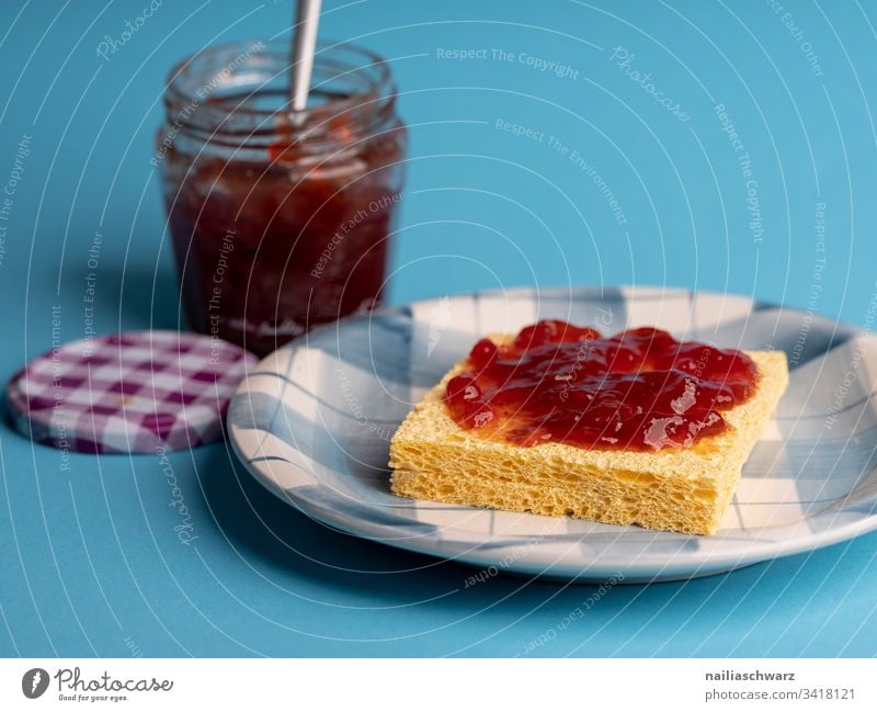 Fakefood Eating Breakfast Toast toast Jam Nutrition fake plastic illusions Blue Manipulations concept plastikfood strawberry jam artificial vegan Plate Glass