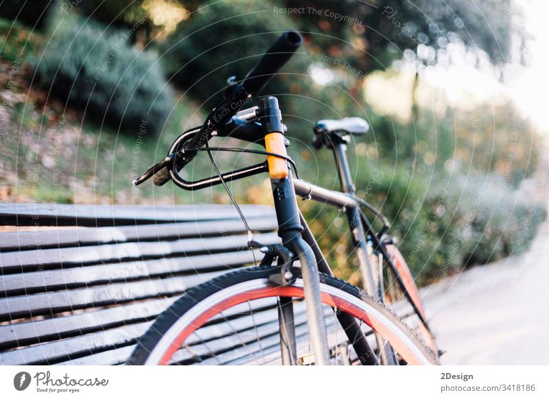 Bike leaning on a bench outdoors in a park retro object travel nature autumn style bike vintage transport concept decoration spring transportation no people