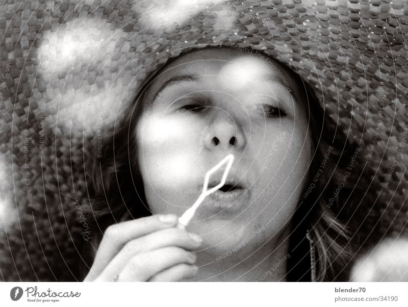 soap bubbles Soap bubble Girl Young woman Nymphet Romance Woman Nostalgia Black & white photo Sunhat