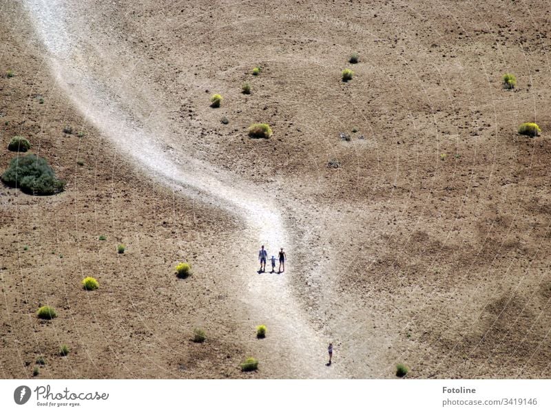 The path is the destination - or a path in a desert-like environment where tiny walking people can be seen at the foot of the Teide in the Teide National Park on the Spanish island of Tenerife