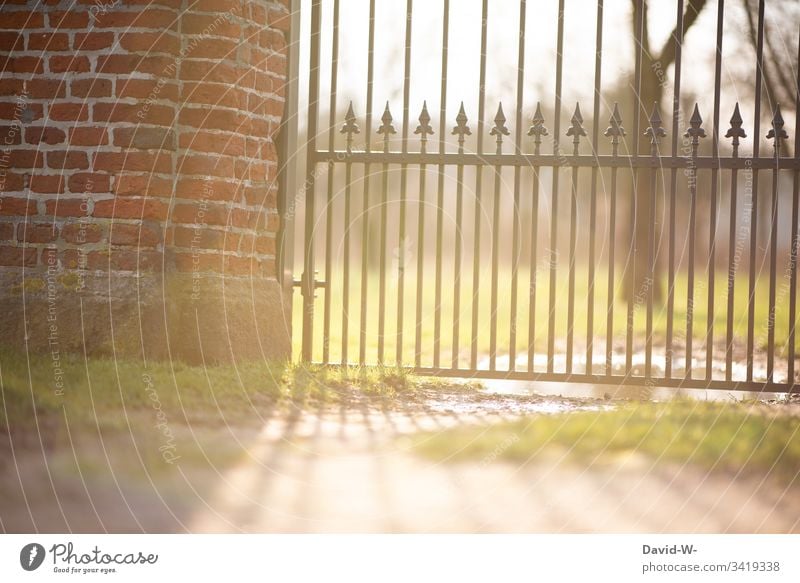 Sunlight shines through the gate in the park Spring Park Goal locked cordoned off out Deserted Beautiful weather Exterior shot Colour photo Light Summer