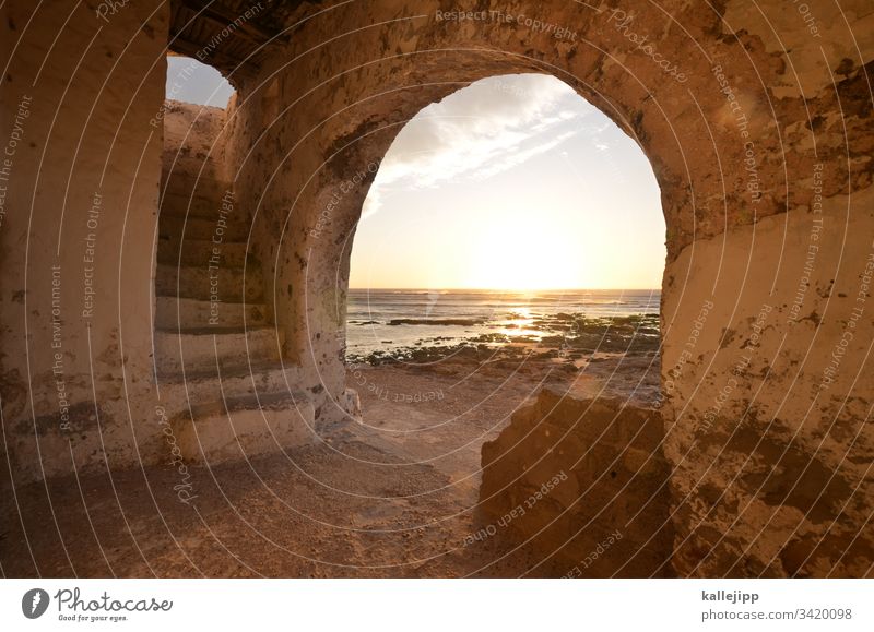 Sidi Kaouki Entrance Stairs staircase Archway Beach Coast Morocco Vacation mood vacation Sunset Atlantic Ocean Waves Horizon Architecture Fishing village