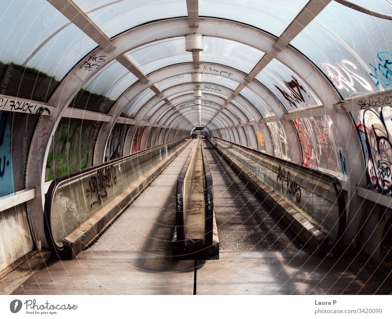 Empty subway tunnel hall path entrance office building centre pathway corridor black and white construct background geometric bridge steel concept speed