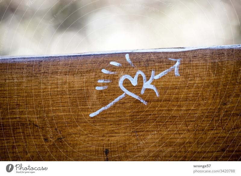 Heart and Cupid's arrow drawn with white pencil on the back of a park bench Sign Arrow Love Colour photo Deserted Day Infatuation Exterior shot Romance Emotions