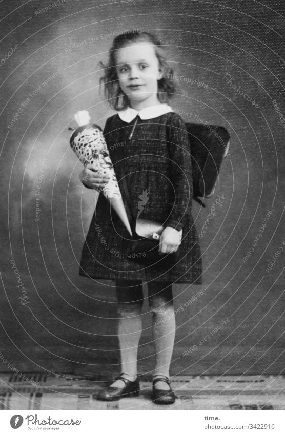 Advance laurels - girl in festive dress with school bag and satchel at school enrolment School candy cone First day at school Satchel Dress Long-haired Bag