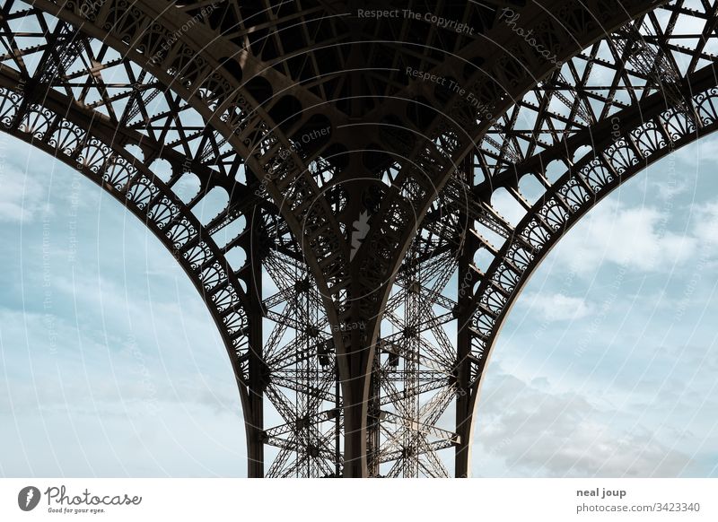 Symmetrical view Eiffel Tower Pillar Paris eiffel tower detail structure lace panties Sky Tourism vacation city trip Colour photo France Landmark voyage