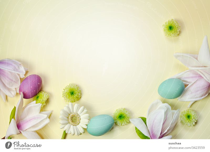 easter eggs and spring decoration on yellow background Easter Easter eggs boiled eggs colorful eggs flowers Blossom Aster asterisk flower petals Spring Food