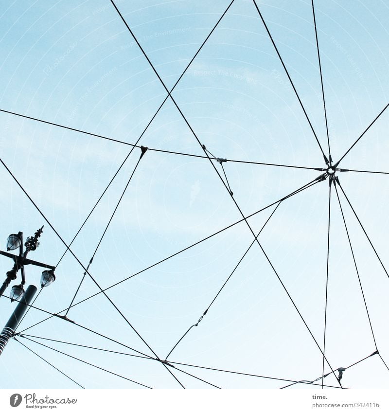 Sky over Lisbon | Rope team Cable power cable Tram PUBLIC TRANSPORT Connection service streetlamp Lighting Net Metal power supply Pattern structure