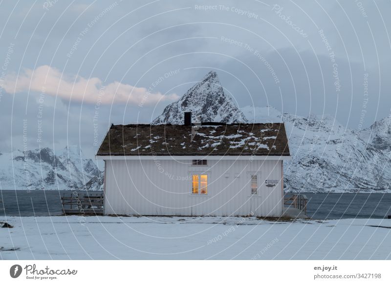 Small white house by the fjord in front of snow-covered mountains sacrisoy Lofoten," Lofoten Islands Travel photography Detached house Idyll Vacation home