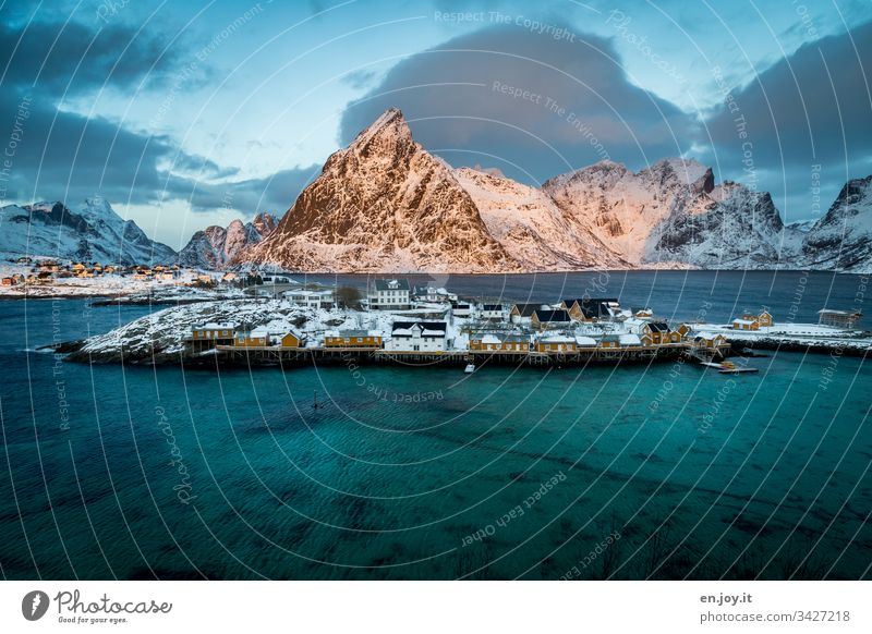 Fishing village on the fjord in front of a snowy mountain sacrisoy Lofoten," Lofoten Islands Yellow Travel photography Idyll Vacation home Rorbuer Reinefjorden