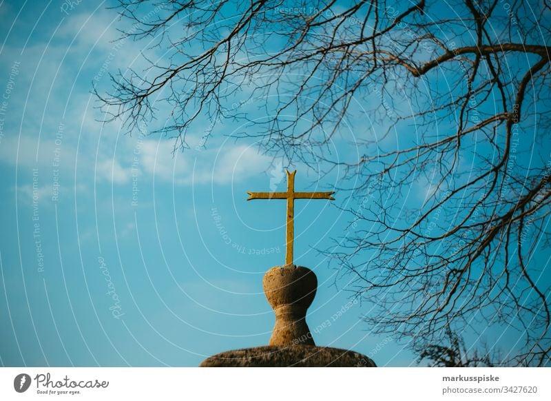 Catholic chapel with cross Religion and faith Crucifix religion. catholic Chapel Franconian Switzerland Upper Franconia Bavaria potted stone